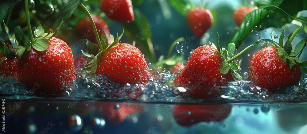 Poster Vibrant red strawberries with green leaves splashing in clear water creating a refreshing and appetizing scene emphasizing natural health and vitality