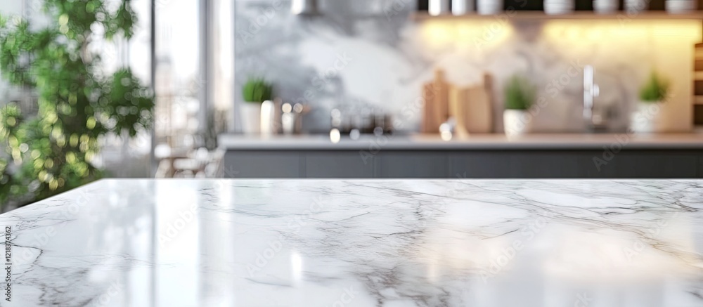 Leinwandbilder serene kitchen setting featuring a white marble table top in sharp focus with a softly blurred backg