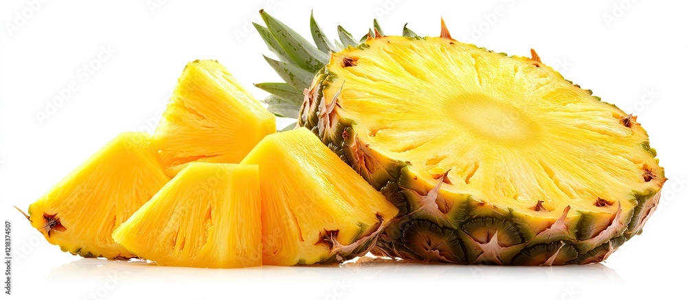 Poster vibrant fresh pineapple sliced with yellow flesh and green leaves displayed on a stark white backgro