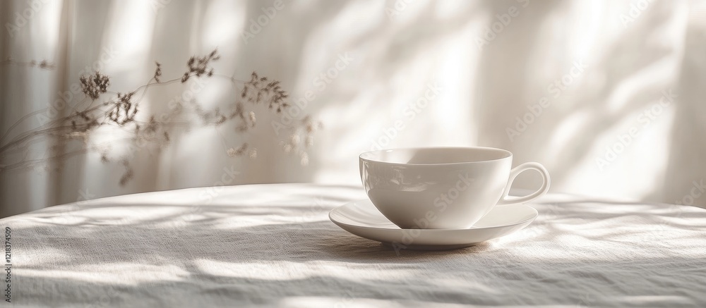 Poster Minimalist white porcelain teacup on a softly lit table with gentle shadow patterns, creating a serene and tranquil atmosphere for tea enthusiasts.