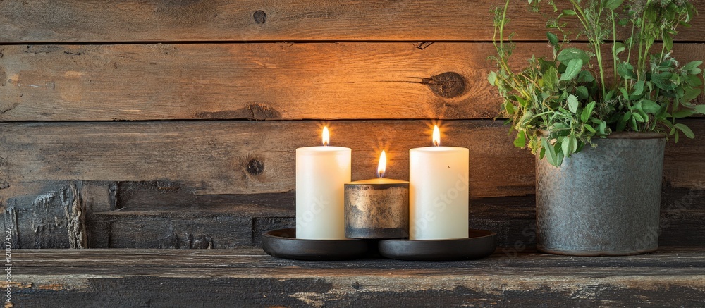 Aufkleber rustic wooden backdrop with three elegantly arranged lit candles in a black holder alongside a potte