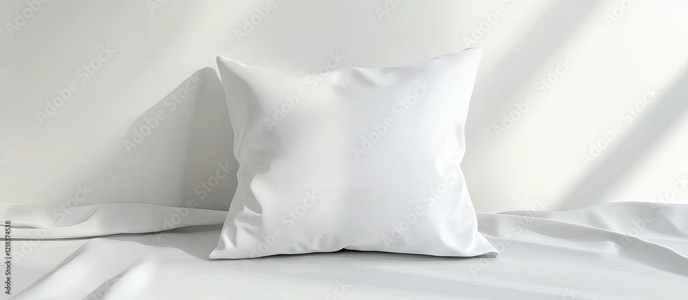 Leinwandbilder White square pillow resting on a soft white fabric surface with natural light casting subtle shadows, creating a serene and minimalist atmosphere.