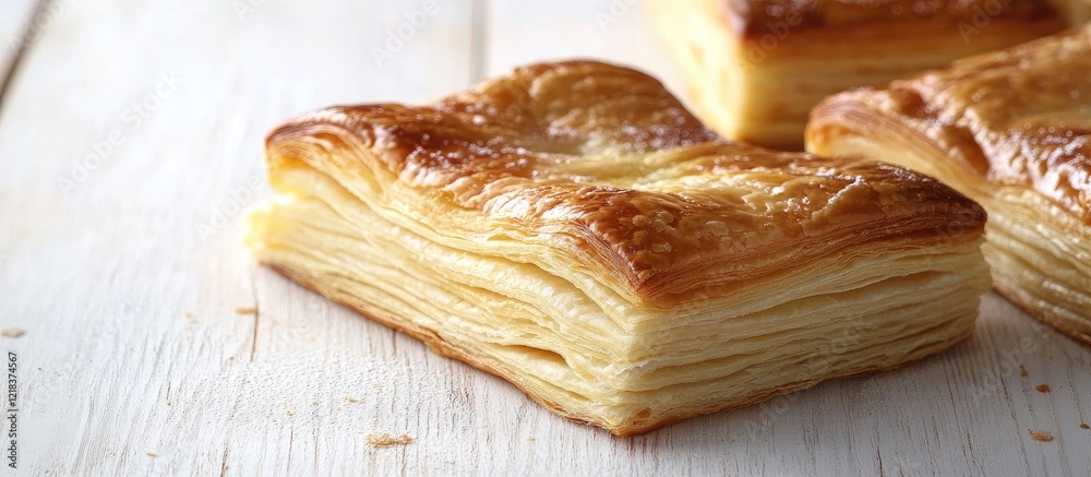 Poster golden flaky puff pastry squares arranged diagonally on a rustic white wooden table highlighting lay