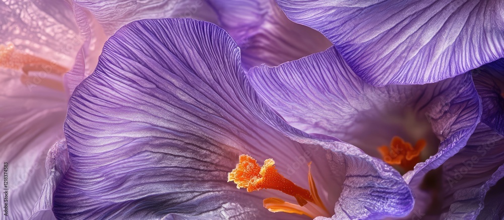 Poster macro shot of delicate purple crocus petals with intricate textures and vibrant orange stigmas highl