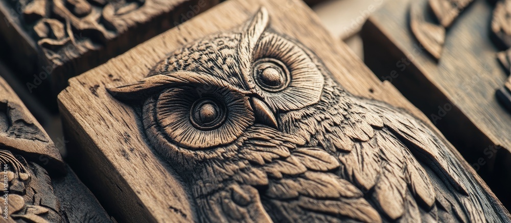 Poster intricately carved wooden block featuring a detailed owl design in warm browns and soft shadows, per