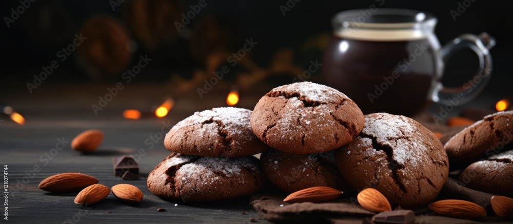 Poster homemade cocoa almond cookies arranged in a pile with powdered sugar on top beside a cup of coffee o