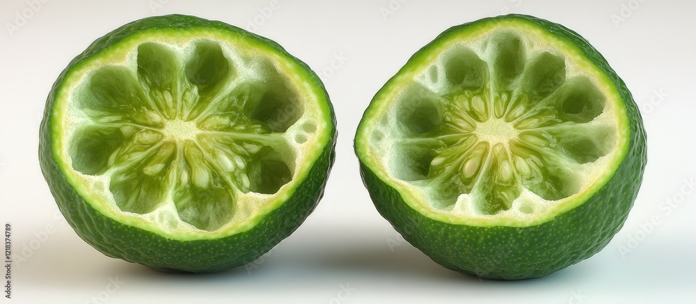 Poster half cut fresh green limes displaying vibrant green pulp and textured interior on a soft white backg