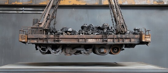 Industrial scene featuring a foundry crane lifting a heavy load of iron castings against a gray background, highlighting its role in metal transport.