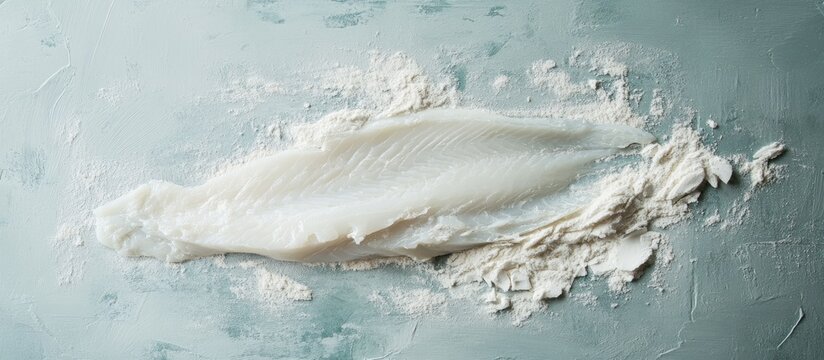 Alaska pollock fillet coated with white flour on a gray surface, emphasizing texture and culinary appeal for cooking enthusiasts