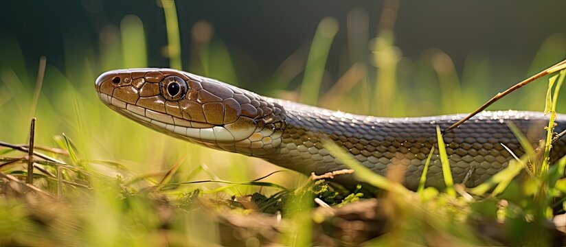 Eastern glass lizard Ophisaurus ventralis in lush green grass showing detailed body with open mouth accentuating the black tongue and eye features.