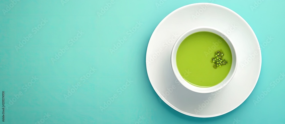Poster vibrant green pea soup in a white bowl on a smooth teal background highlighting the inviting color c