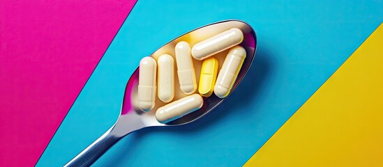 Vibrant spoon with yellow and white 5 HTP pills against a bright blue pink and yellow background emphasizing serotonin boosting self-care.