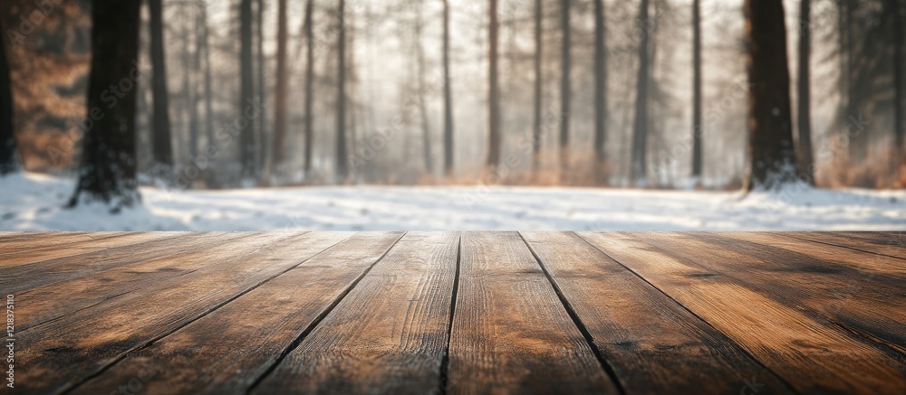 Poster serene empty wooden table in foreground with blurred snowy forest backdrop creating a tranquil winte
