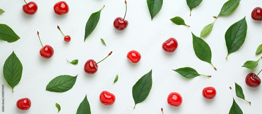 Aufkleber top view of fresh ripe cherries in varying shades of red scattered among vibrant green leaves on a c