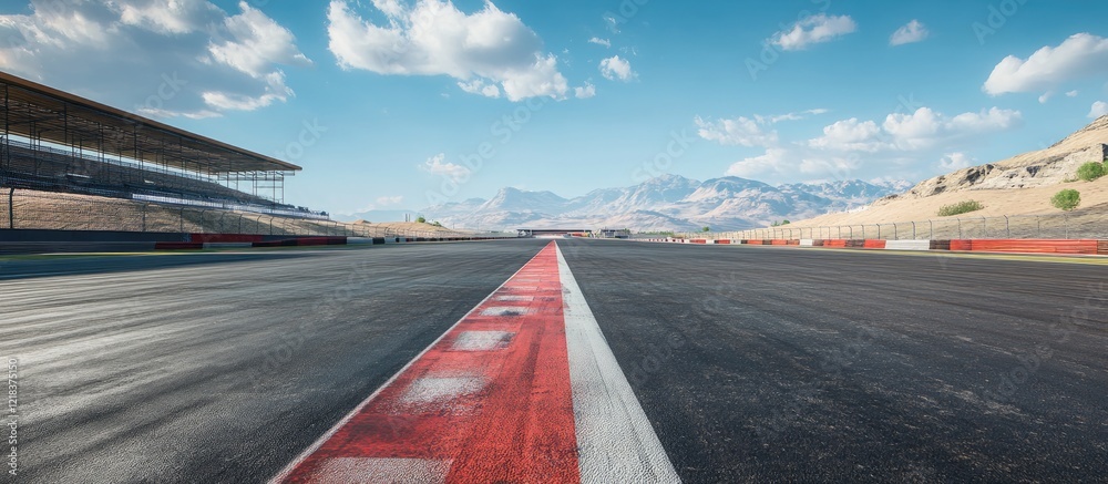 Poster vast empty asphalt race track with a red pit straight under a clear blue sky featuring mountains in 