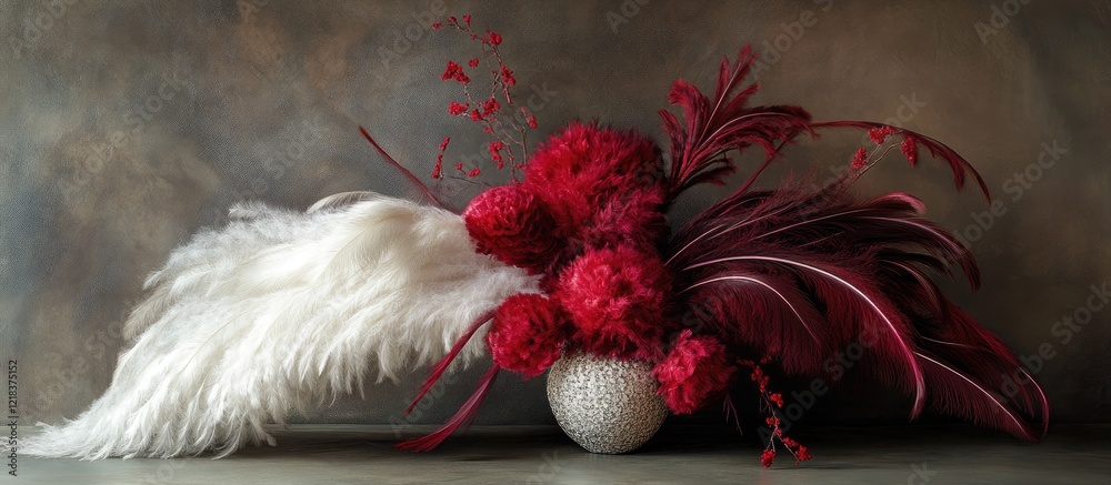 Aufkleber elegant floral arrangement featuring deep red peonies and cosmic feathers in a textured grey vase wi