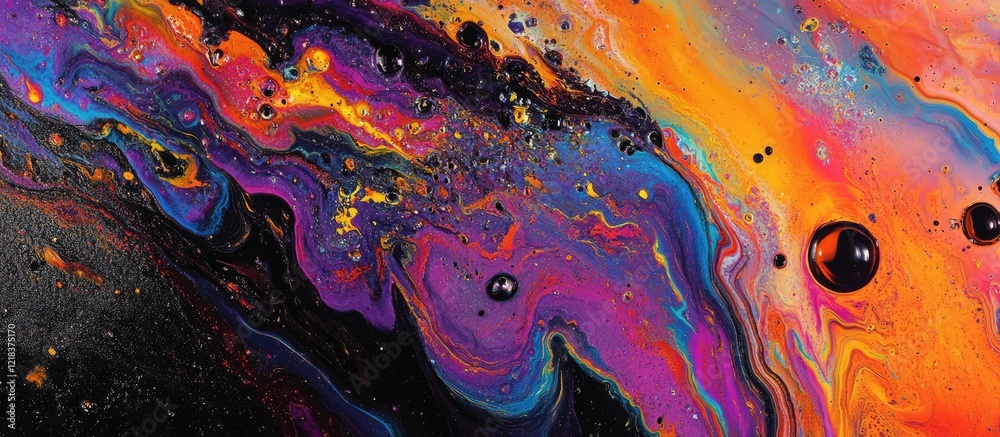 Poster vibrant abstract swirl of purple, orange, and black fluid paint with glossy textures and round black