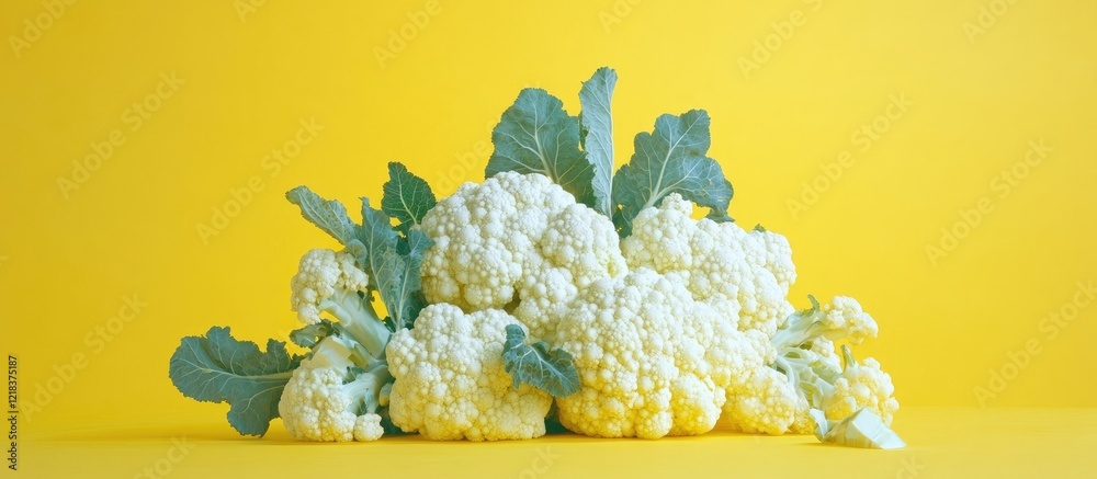Poster fresh cauliflower with green leaves arranged dynamically on a bright yellow background highlighting 