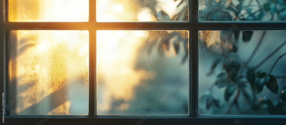 Poster serene morning light filters through a frosted glass window, highlighting soft shadows and a warm go