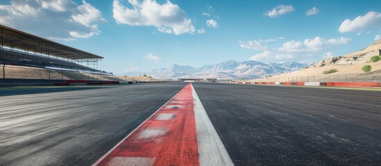 Vast empty asphalt race track with a red pit straight under a clear blue sky featuring mountains in the background, designed for high-speed racing.