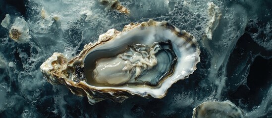 Luxurious open oyster on dark rocky background showcasing intricate textures and natural colors perfect for fine dining and gourmet experiences