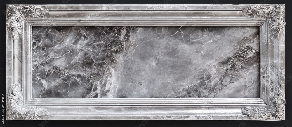 Poster elegant rectangular frame adorned with intricate silver details on a luxurious white silver marble b