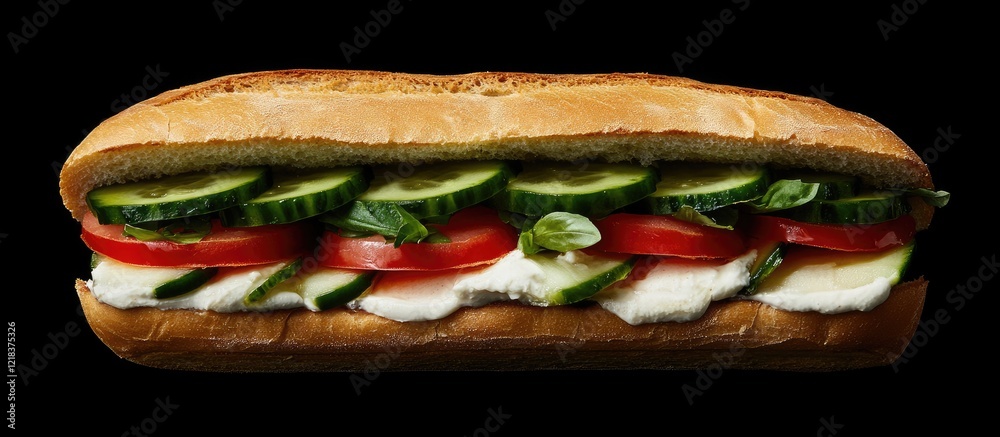 Poster vibrant caprese sandwich with fresh cucumbers and tomatoes on a crusty roll displayed against a slee