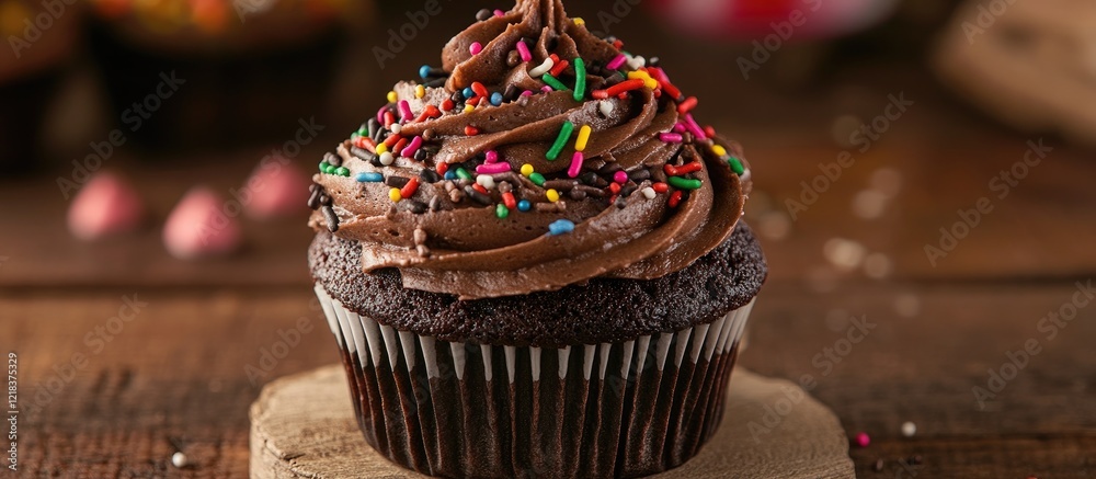Poster chocolate cupcake topped with rich frosting and colorful sprinkles on a wooden surface with blurred 