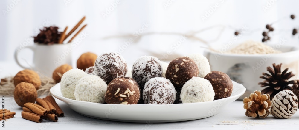 Poster Assorted energy balls in various flavors on a white plate surrounded by spices and nuts with a soft white background creating a cozy atmosphere.
