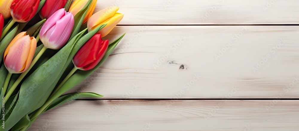 Aufkleber vibrant tulip bouquet in pink yellow and red on weathered white wooden floor with empty space for te