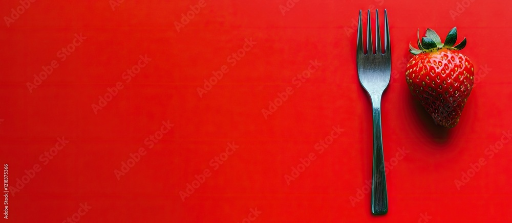 Poster juicy red strawberry next to a silver fork on a bold red background highlighting a vibrant and appet