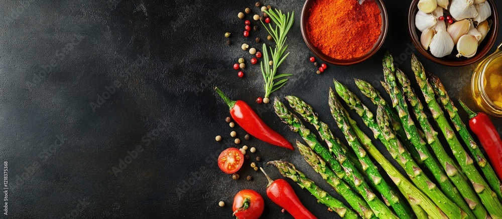 Aufkleber vibrant green asparagus spears with spices and fresh herbs arranged on a dark slate table with color