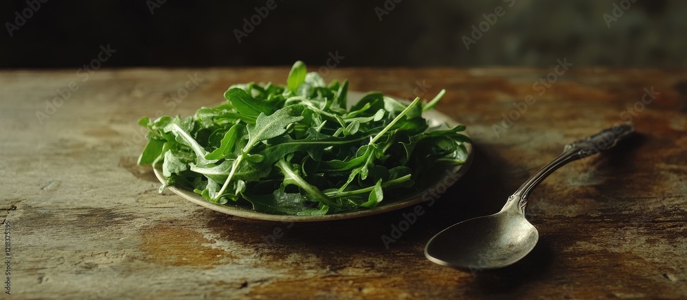 Poster fresh organic arugula leaves on a round silver plate with a vintage spoon on a rustic wooden table c