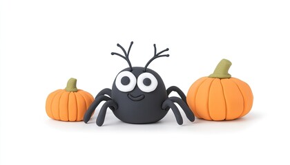 Playful black spider character surrounded by vibrant orange pumpkins on a clean, white background