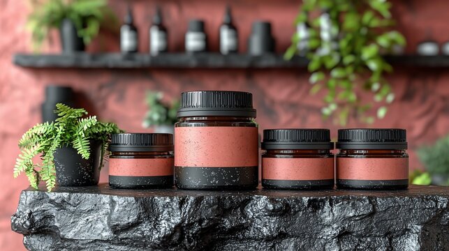 Amber glass jars with blank labels on a stone surface.