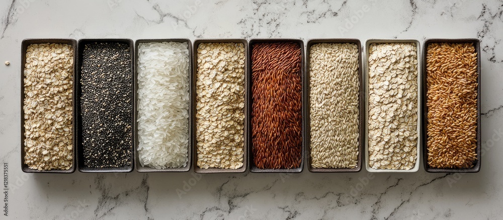 Poster Assorted diverse grains including rice wheat and oats arranged in metal trays displaying various textures and a color gradient from dark to light