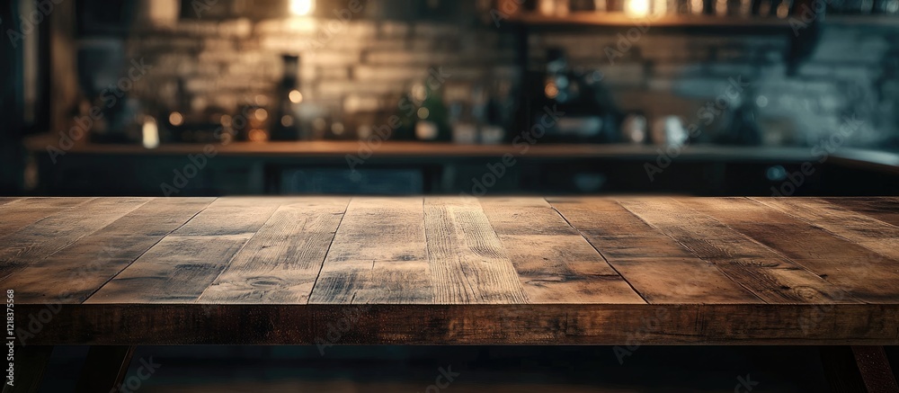 Aufkleber inviting empty wooden tabletop in foreground with rich brown hues set against a softly blurred rusti