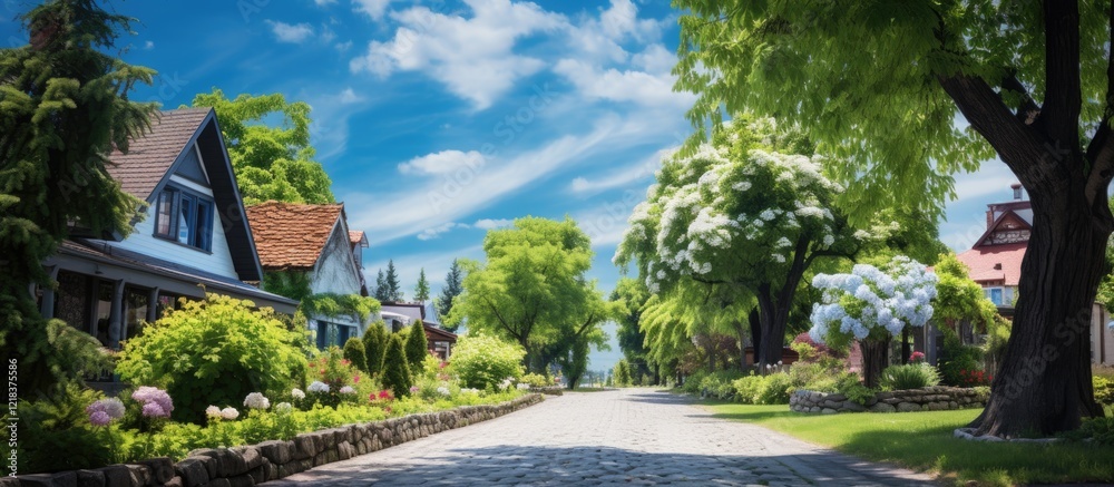 Poster scenic empty street lined with charming houses and lush greenery under bright blue skies with fluffy
