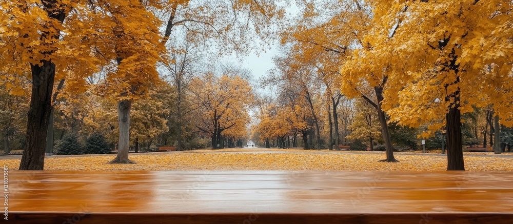 Poster autumn park scene with vibrant yellow trees in background and empty brown wooden table top in foregr