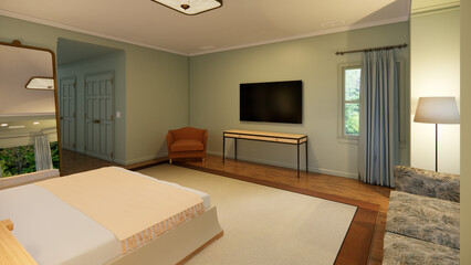 Elegant and serene bedroom interior design meticulously crafted as a 3D render. This visualization showcases a comfortable and stylish sleeping space, featuring a plush king-size bed with soft linens