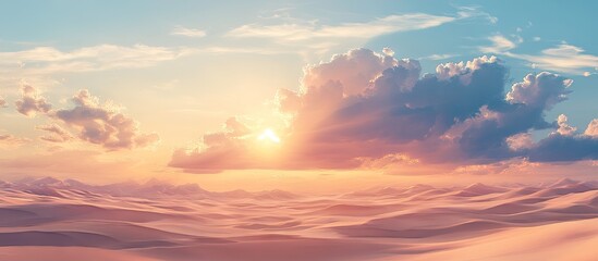 Fototapeta premium Panoramic desert landscape at sunrise with soft pink and blue sky, golden sand dunes in the foreground, and fluffy clouds creating a serene atmosphere