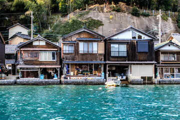 Seaside Wooden Houses with Fishing Boats in Japan, Ine Bay, Kyoto, Japan
