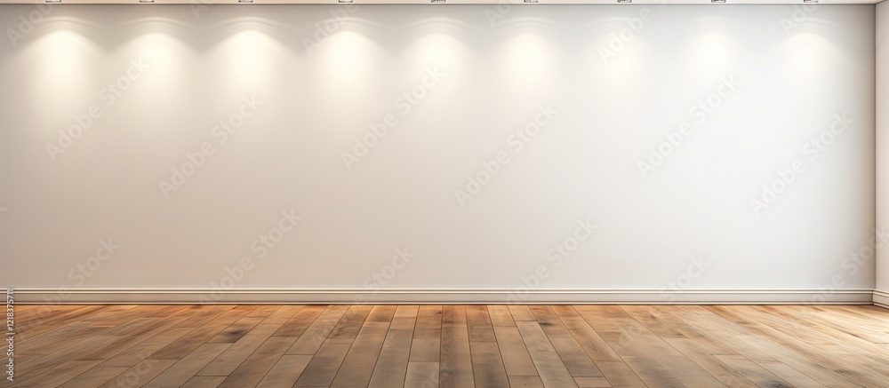 Poster spacious empty room featuring a bright white wall illuminated by soft overhead spotlights and warm w