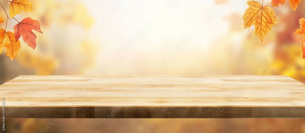 Aufkleber wooden tabletop in the center with a soft-focus autumn background featuring warm orange and yellow l