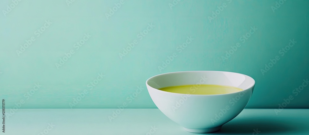 Poster inviting green pea soup in a white bowl against a soft teal background highlighting the vibrant gree