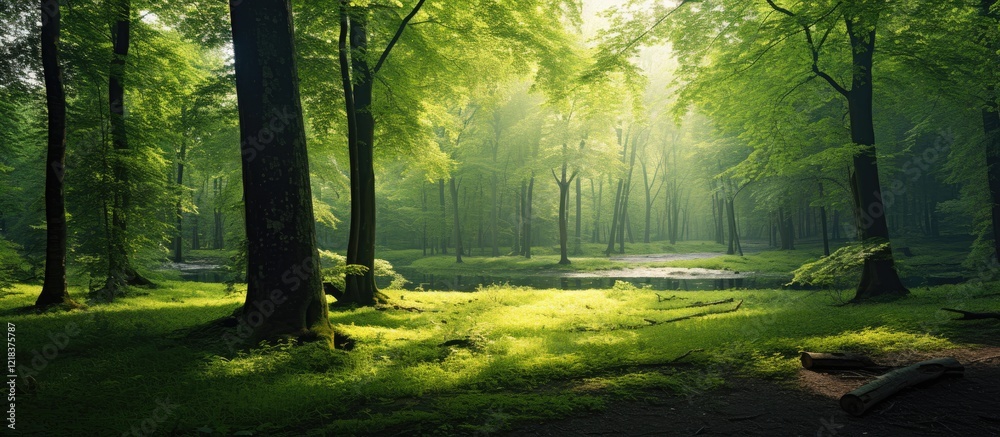 Aufkleber lush green forest landscape with sunlight filtering through tall trees creating a serene atmosphere 