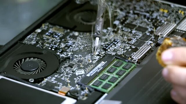 Soldering on laptop motherboard with RAM modules visible