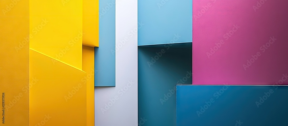 Poster vibrant geometric shapes in cyan yellow magenta and white arranged in a layered modern design with a