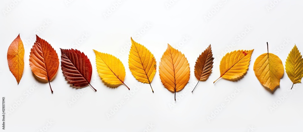Poster autumn leaves flat lay in vibrant shades of red yellow and orange arranged in a line on a white back