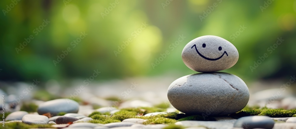 Poster happy stone stack on lush green background with soft focus, light gray stones smiling, one on top of